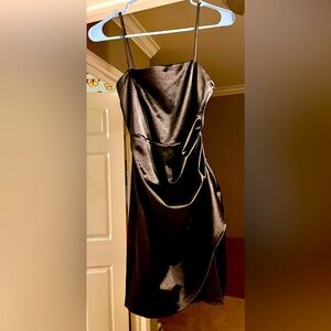 Windsor Black Satin Mini Spaghetti Strap Dress- homecoming, wedding